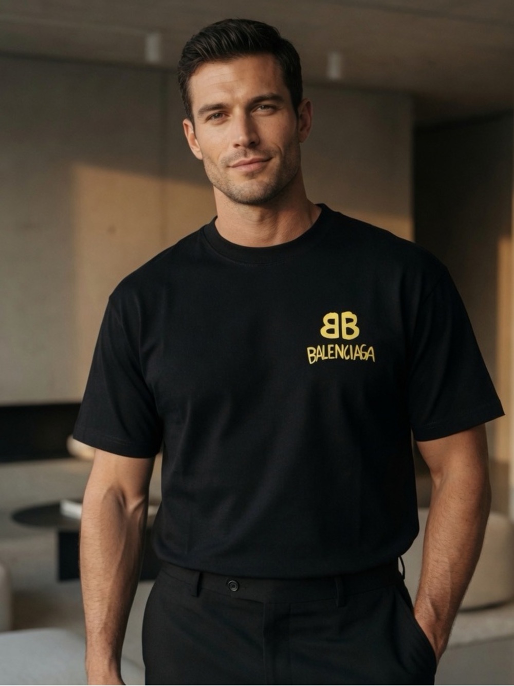 Black Short-Sleeve Tee with Neon Yellow Logo